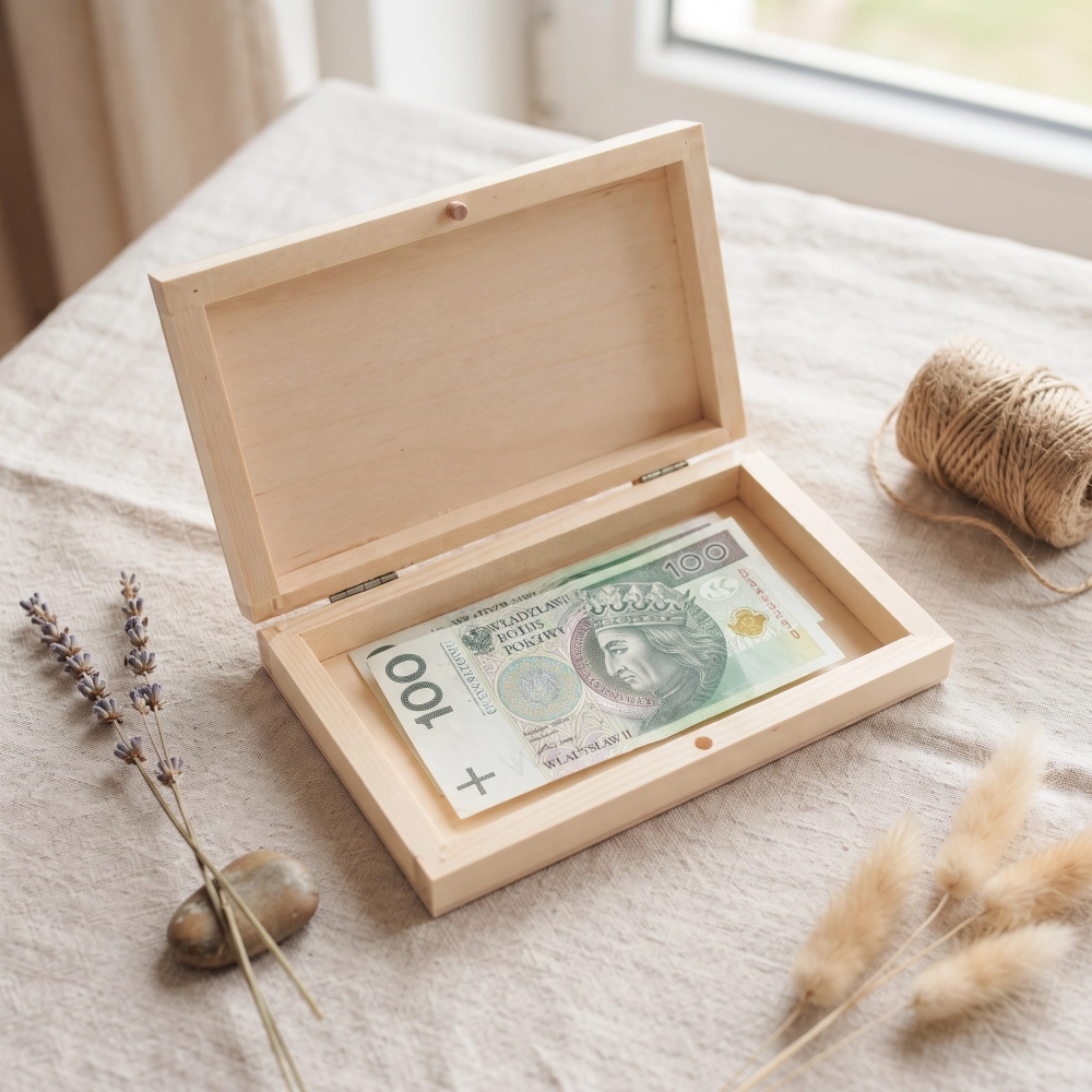 Pudełko z drewna na banknoty - prezentowe